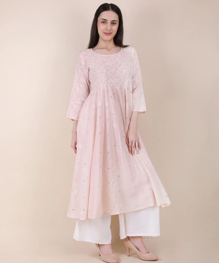 Women powder pink hand embroidered chikankari kali kurti