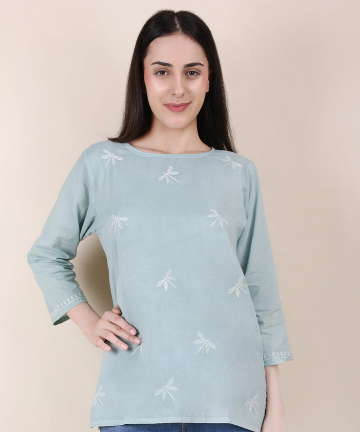 Women hand embroidered pastel poise teal short top