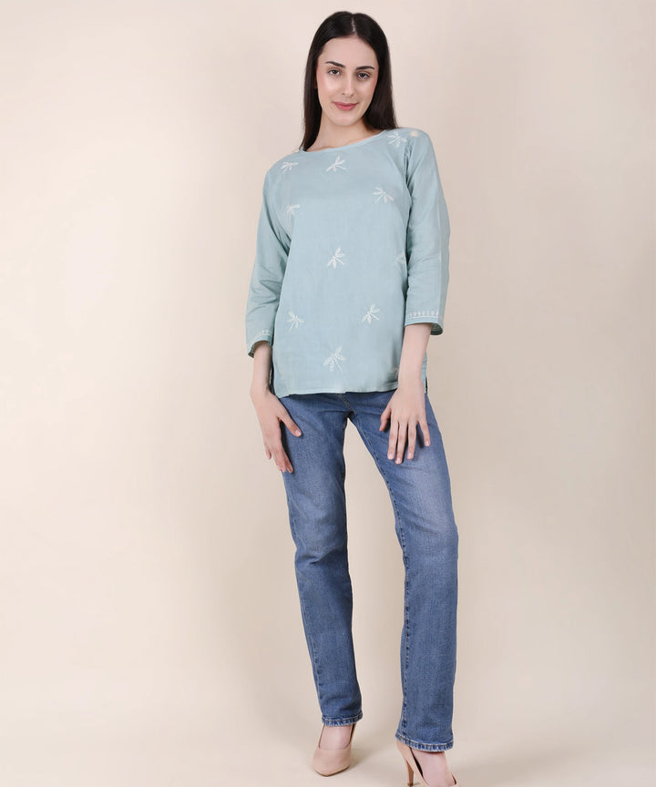 Women hand embroidered pastel poise teal short top