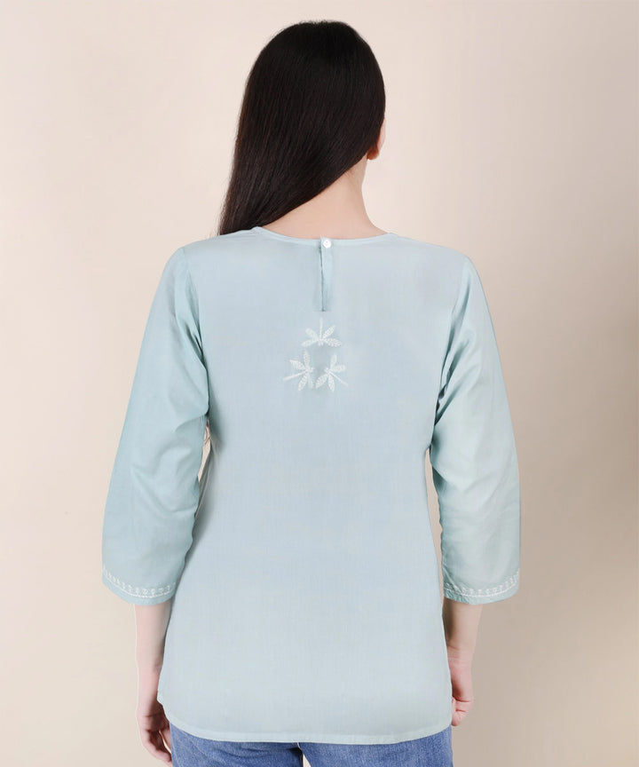 Women hand embroidered pastel poise teal short top