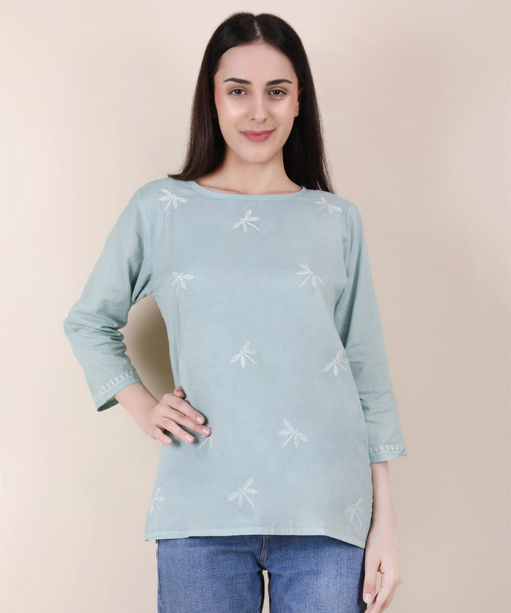 Women hand embroidered pastel poise teal short top