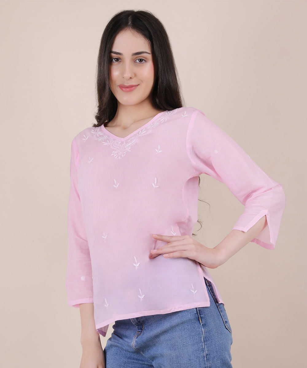 Women hand embroidered pastel poise pink short top