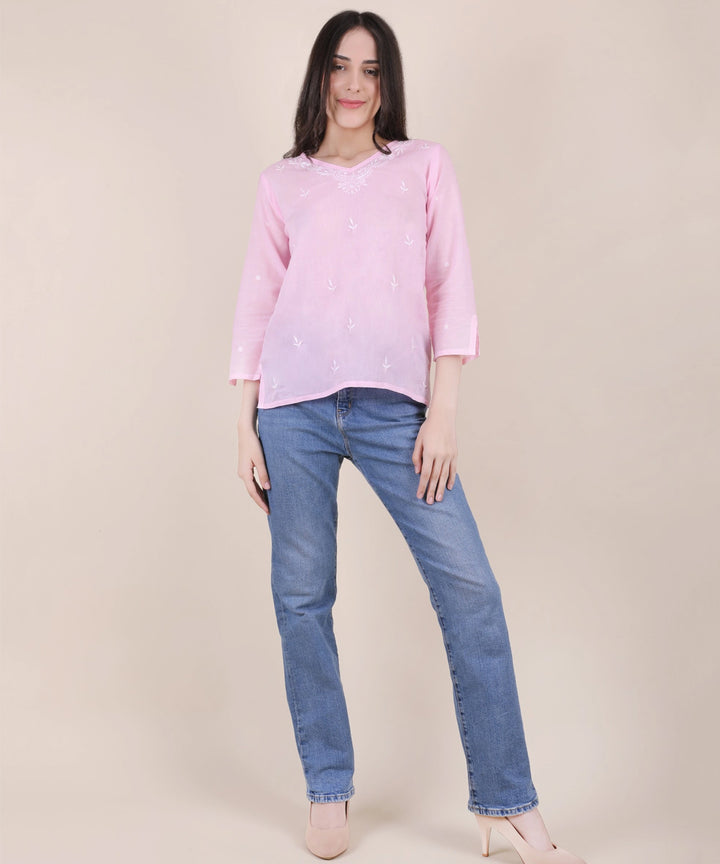 Women hand embroidered pastel poise pink short top