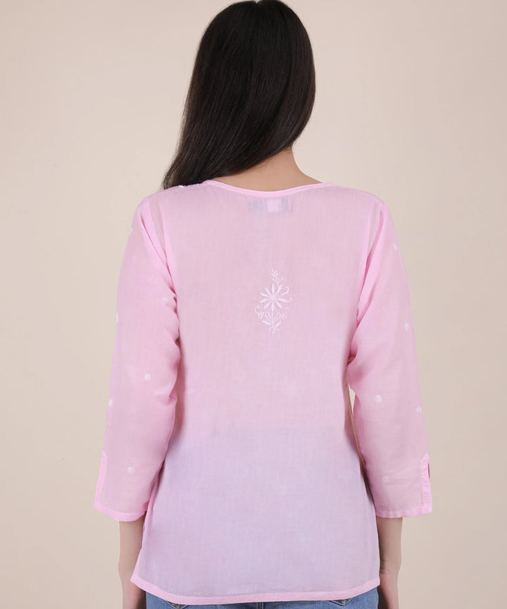 Women hand embroidered pastel poise pink short top