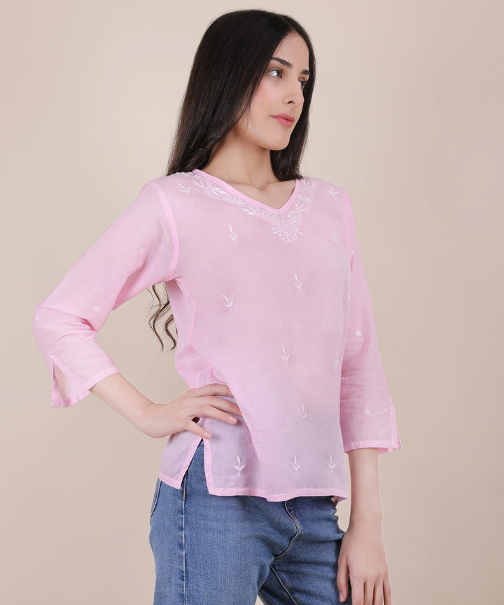 Women hand embroidered pastel poise pink short top