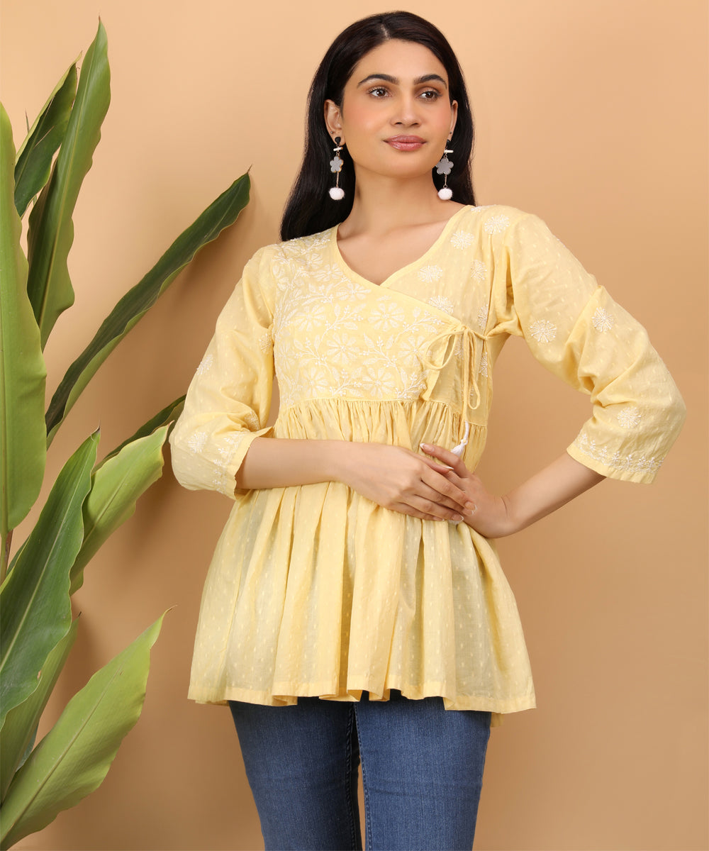 Women yellow hand embroidered chikankari angarkha top