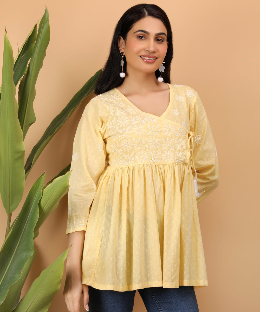 Women yellow hand embroidered chikankari angarkha top