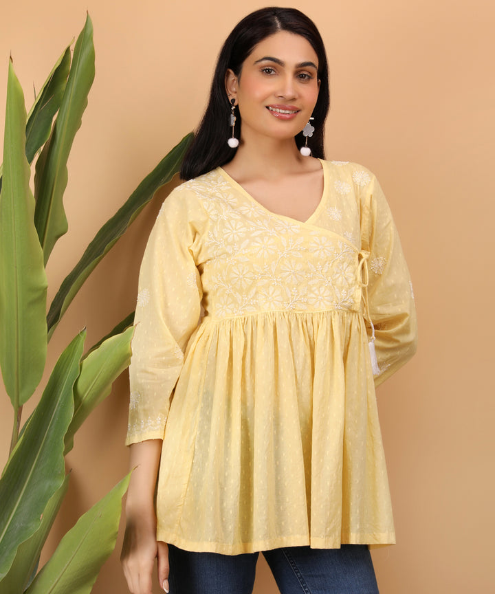 Women yellow hand embroidered chikankari angarkha top