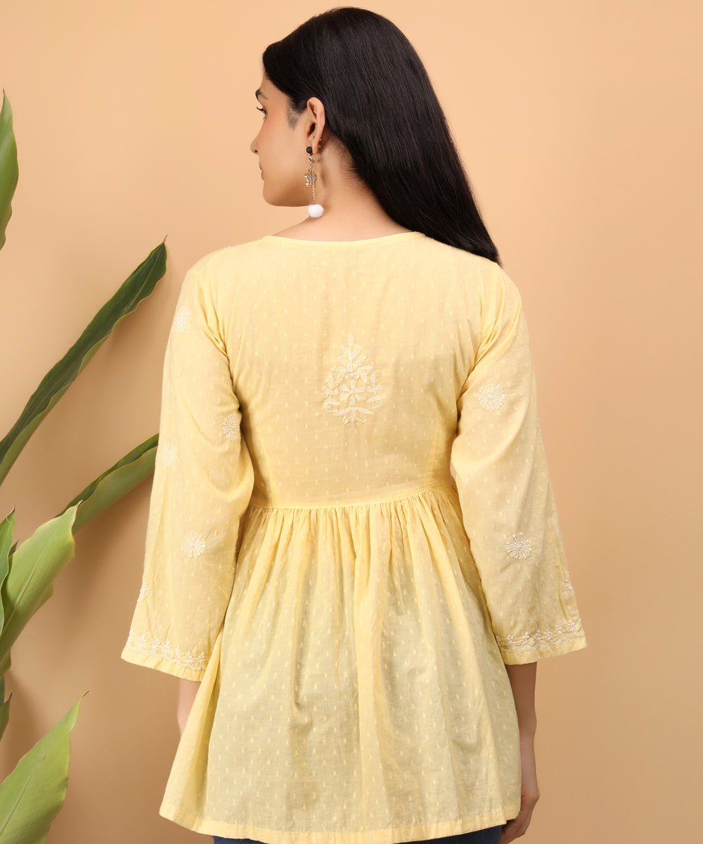Women yellow hand embroidered chikankari angarkha top
