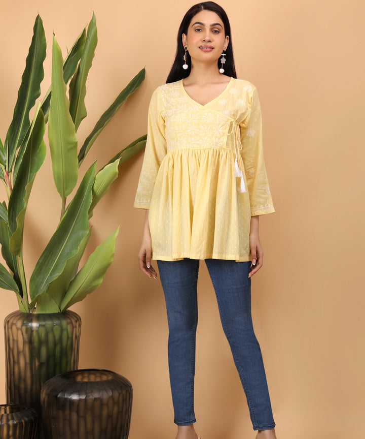 Women yellow hand embroidered chikankari angarkha top