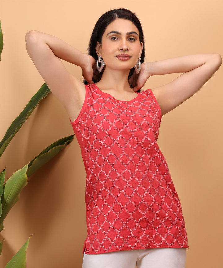 Red women hand embroidered chikankari erika top