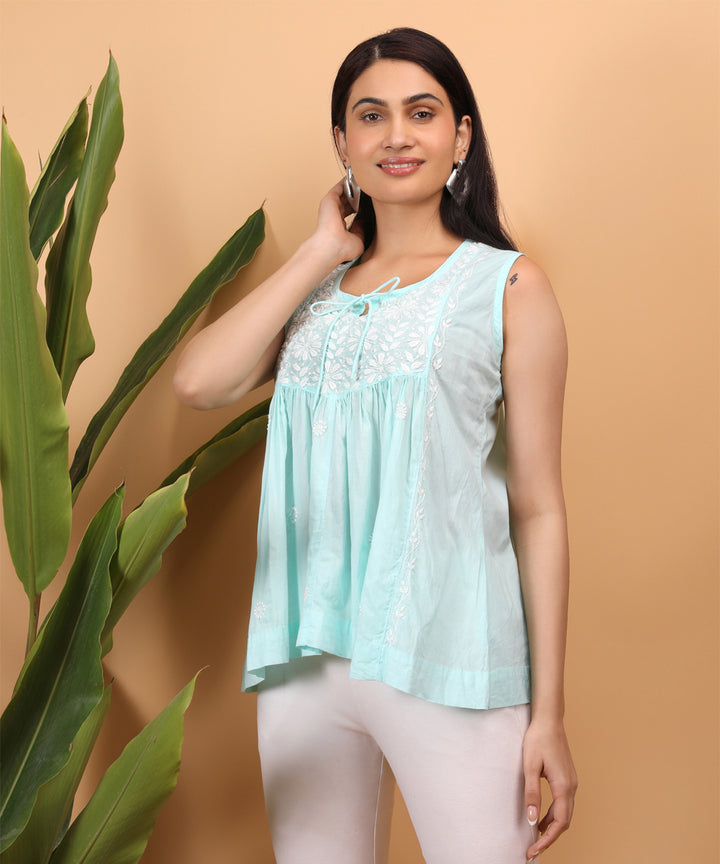 Sea blue women hand embroidered chikankari yoke top