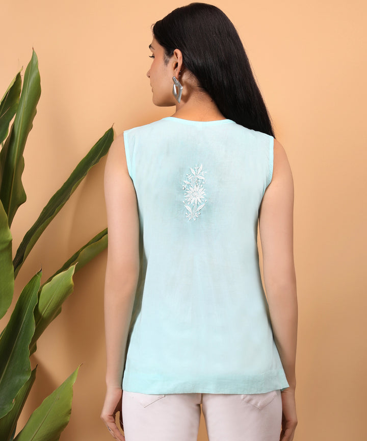 Sea blue women hand embroidered chikankari yoke top