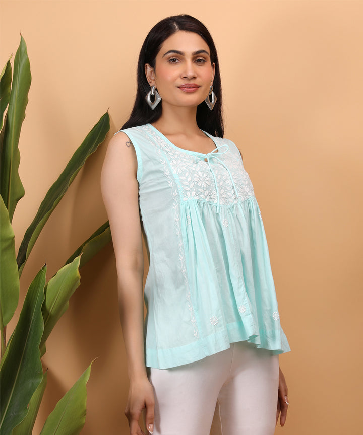 Sea blue women hand embroidered chikankari yoke top