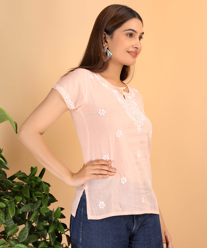 Peach women hand embroidered chikankari short top