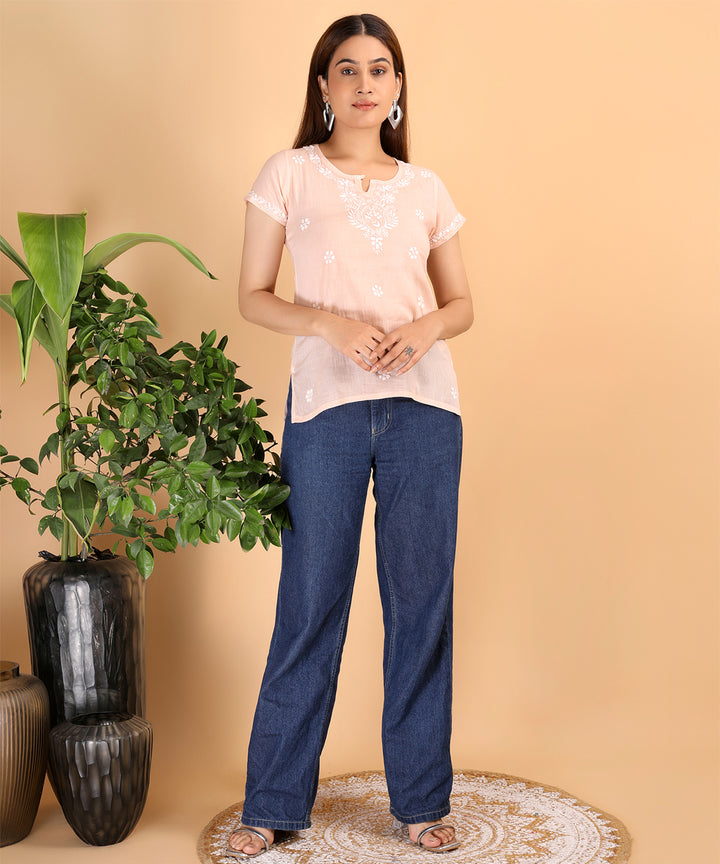 Peach women hand embroidered chikankari short top
