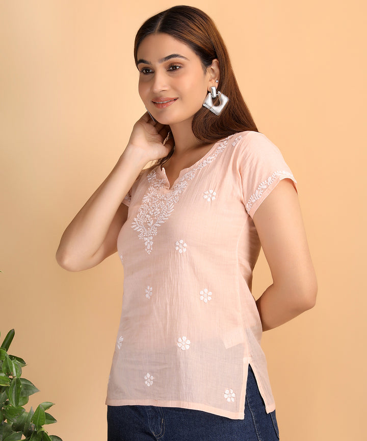 Peach women hand embroidered chikankari short top