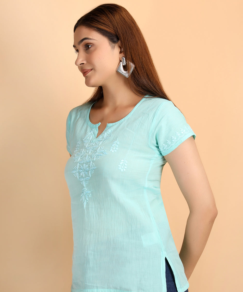 Sea green women hand embroidered chikankari short top