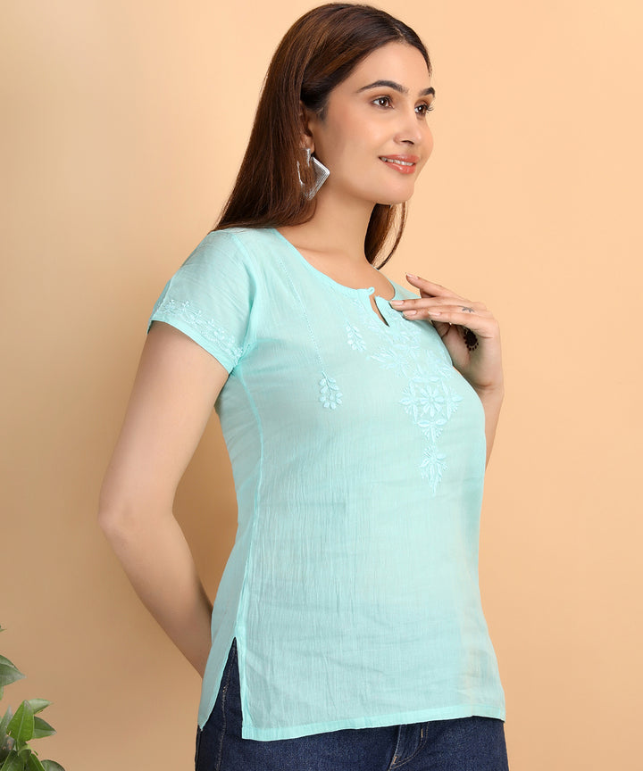 Sea green women hand embroidered chikankari short top
