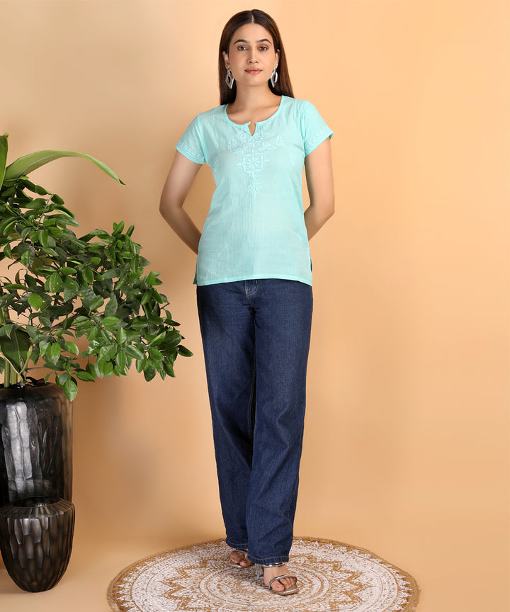 Sea green women hand embroidered chikankari short top