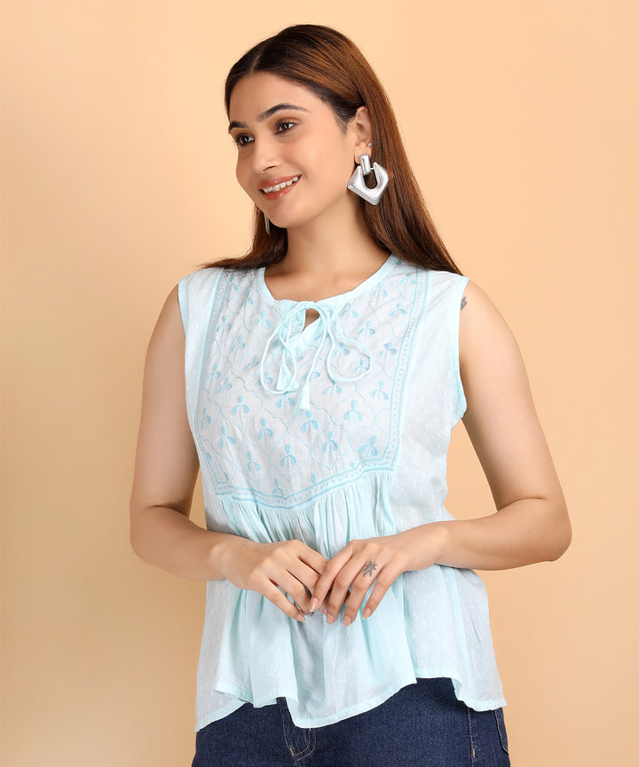 Sky blue women hand embroidered chikankari sleeveless yoke top