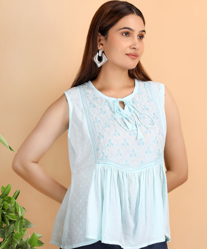 Sky blue women hand embroidered chikankari sleeveless yoke top