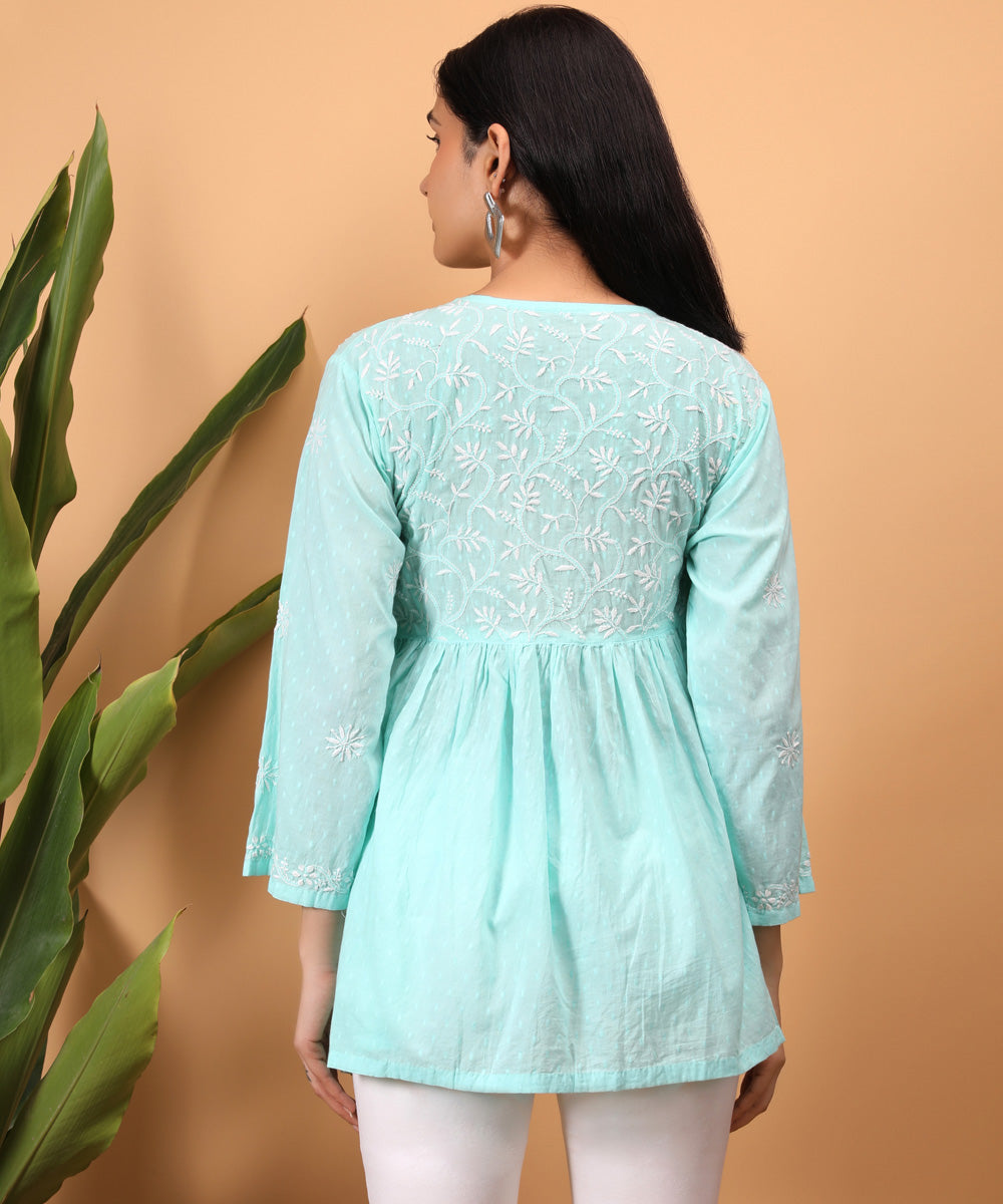 Women sea blue hand embroidered chikankari angarkha top