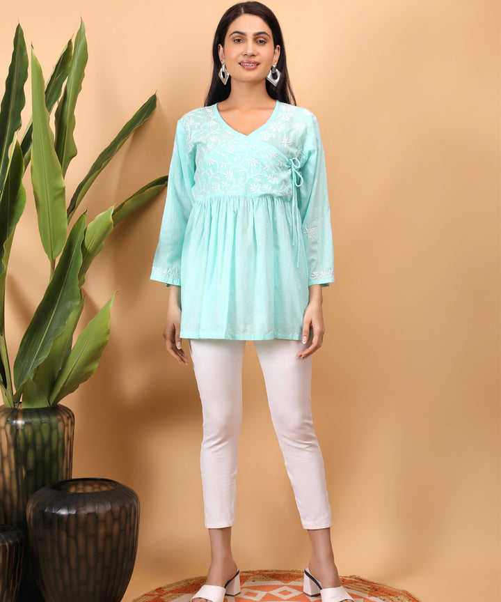 Women sea blue hand embroidered chikankari angarkha top