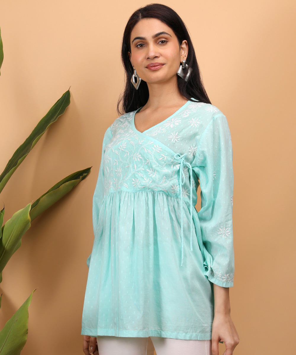 Women sea blue hand embroidered chikankari angarkha top
