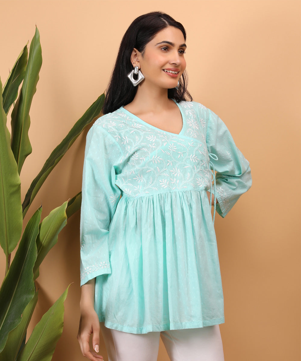 Women sea blue hand embroidered chikankari angarkha top