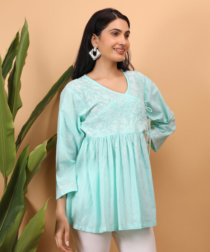 Women sea blue hand embroidered chikankari angarkha top