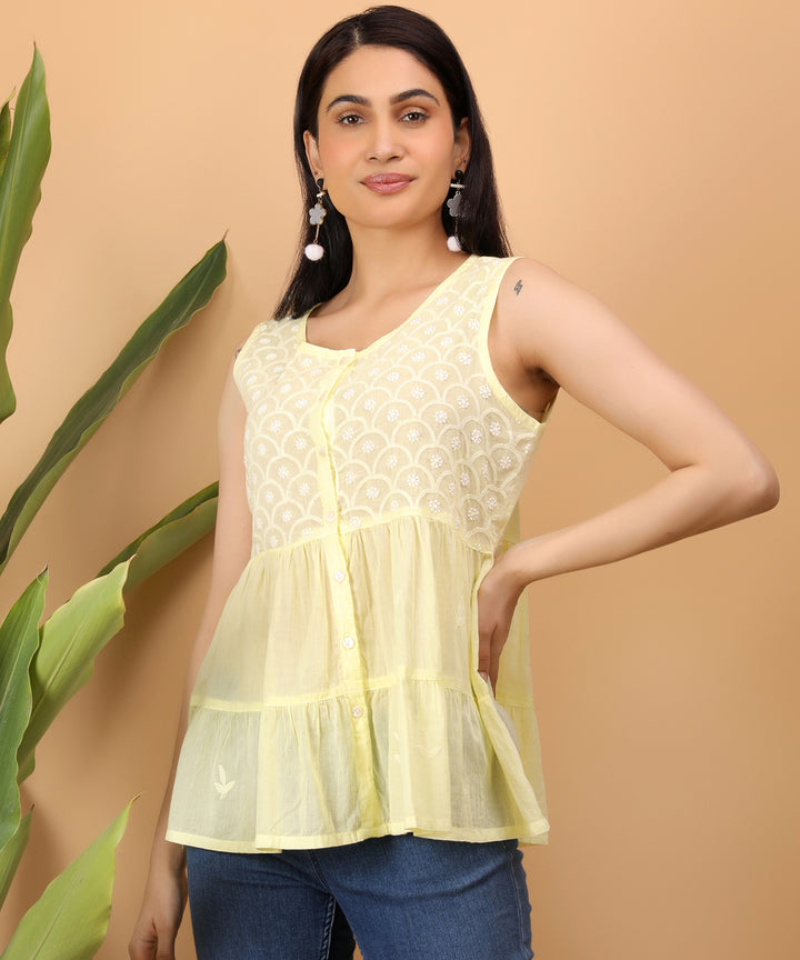 Yellow hand-embroidery chikankari top