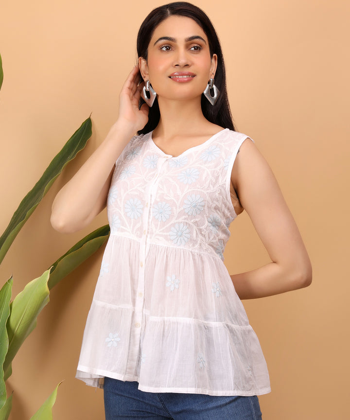 White blue hand embroidered chikankari top