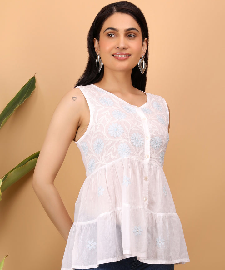 White blue hand embroidered chikankari top