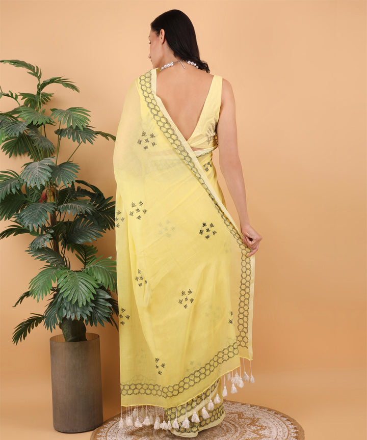 Yellow black cotton hand embroidered chikankari saree