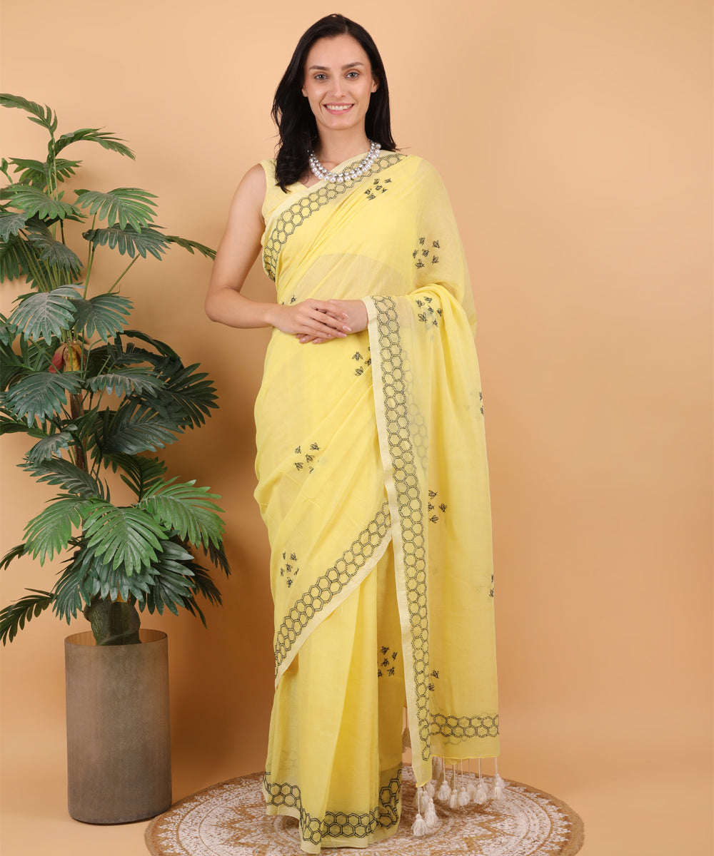 Yellow black cotton hand embroidered chikankari saree
