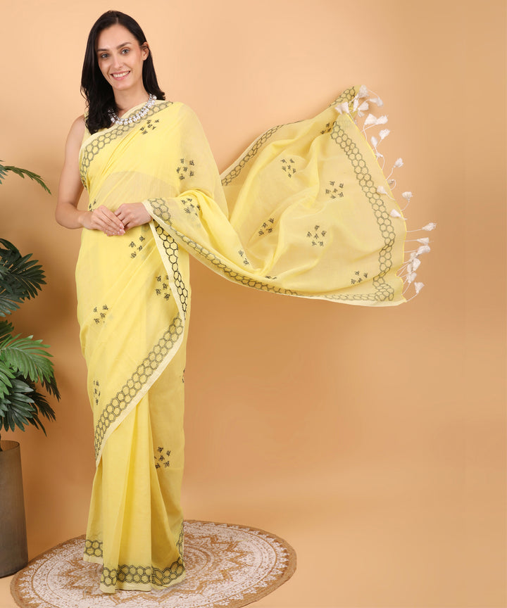 Yellow black cotton hand embroidered chikankari saree