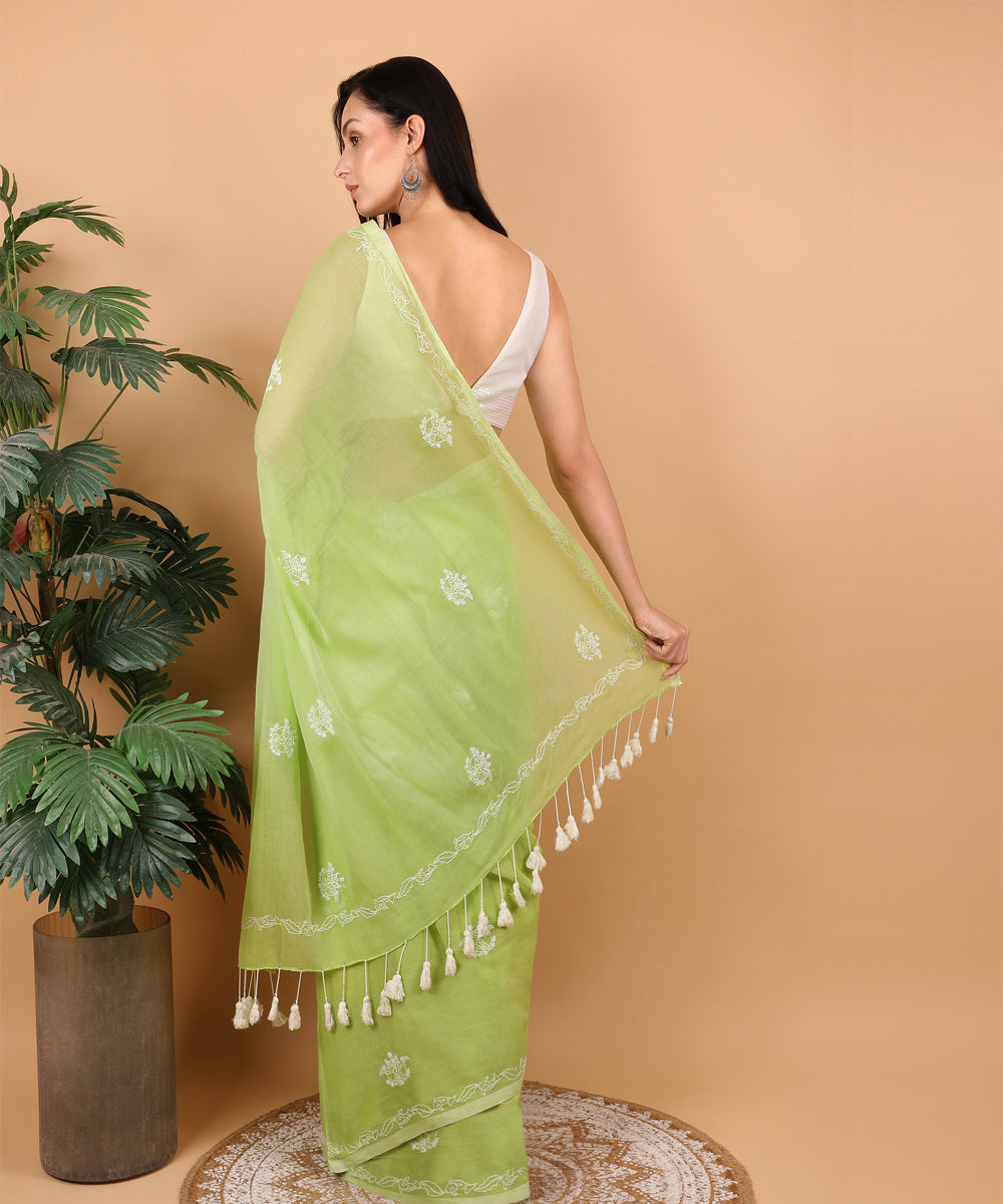 Light green white cotton hand embroidered chikankari saree