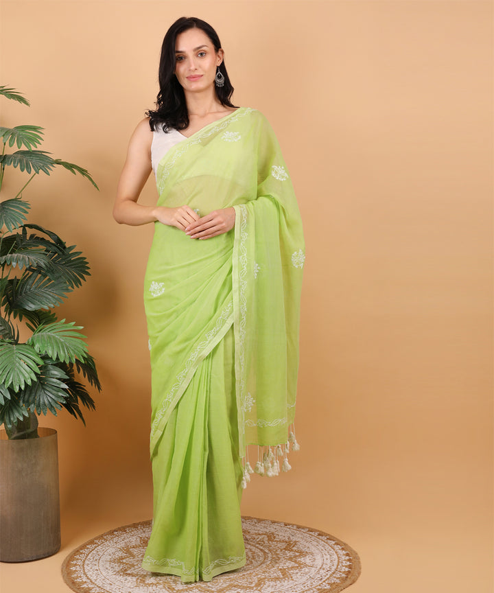 Light green white cotton hand embroidered chikankari saree