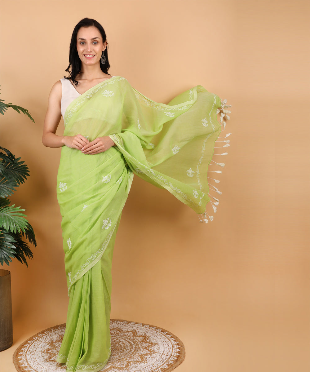 Light green white cotton hand embroidered chikankari saree