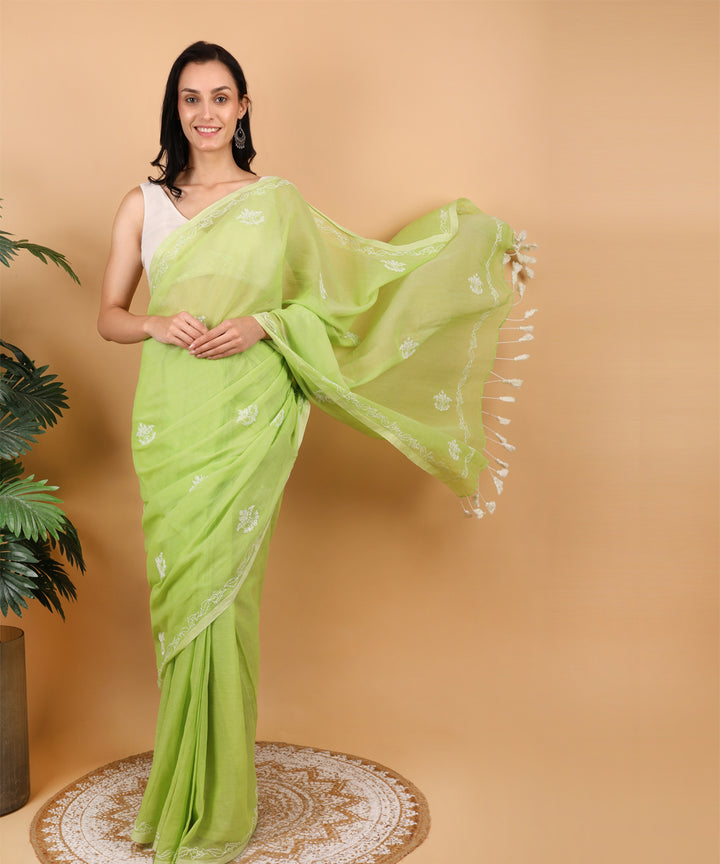 Light green white cotton hand embroidered chikankari saree
