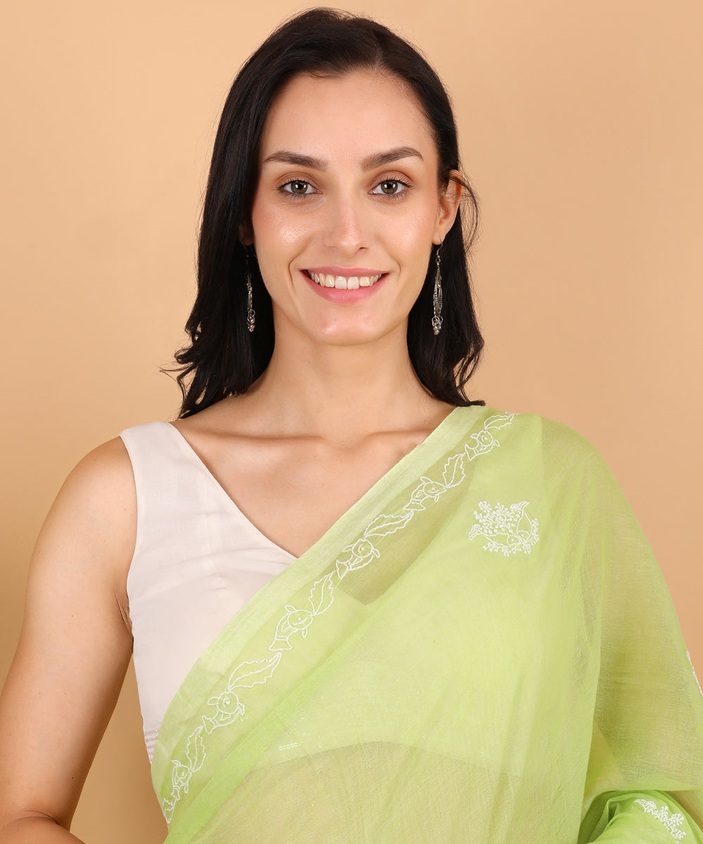 Light green white cotton hand embroidered chikankari saree
