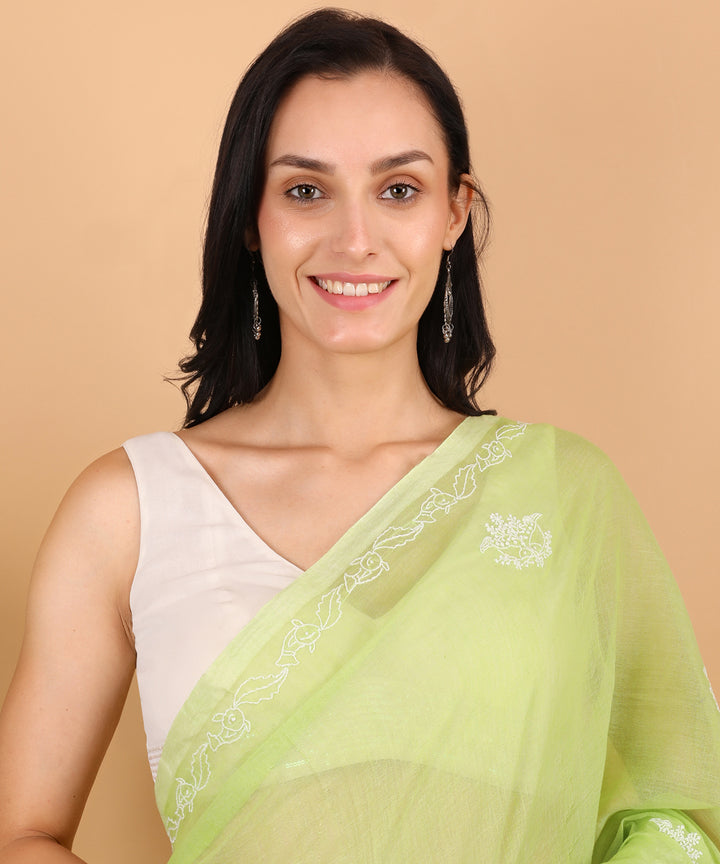 Light green white cotton hand embroidered chikankari saree