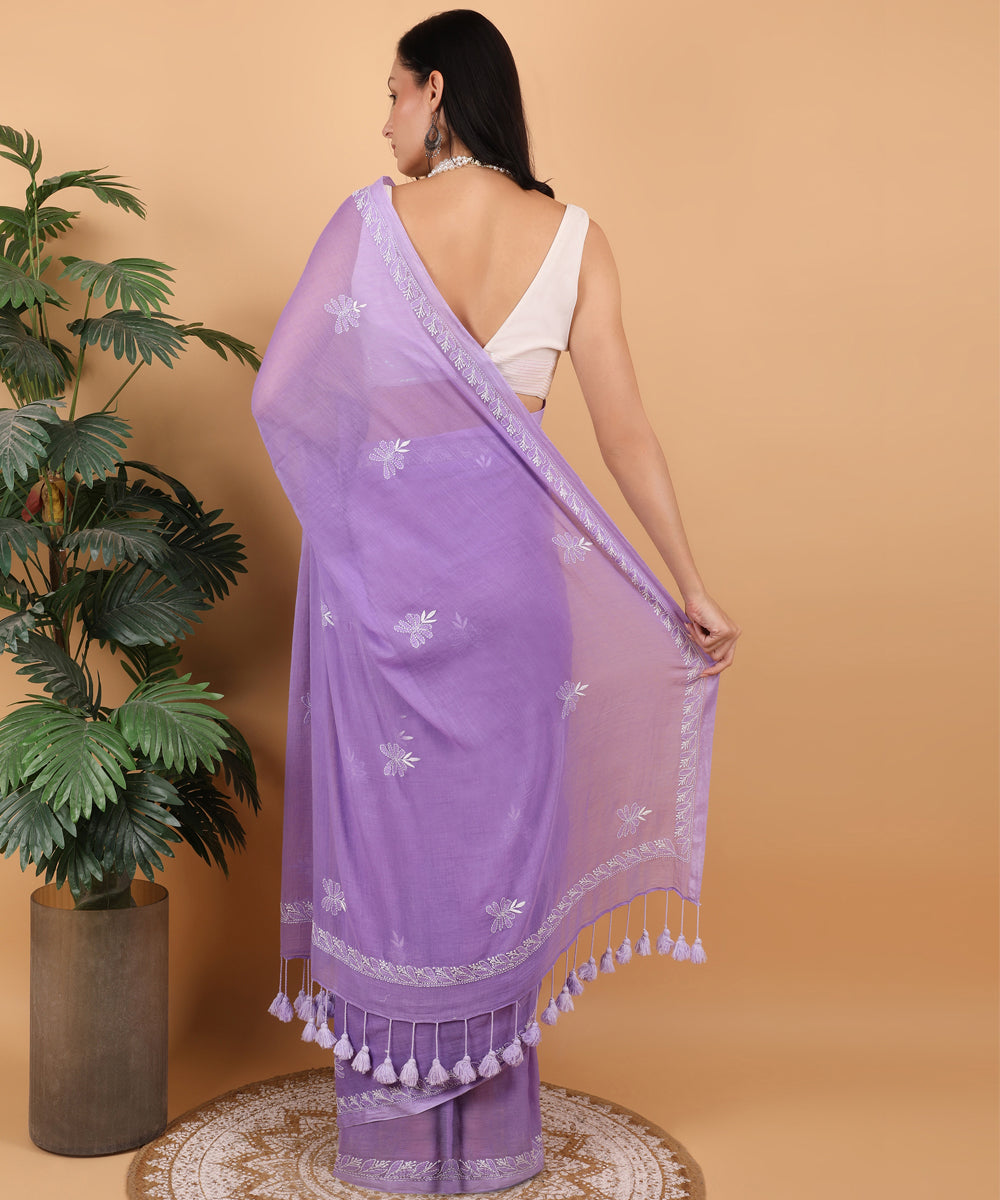 Purple white cotton hand embroidered chikankari saree