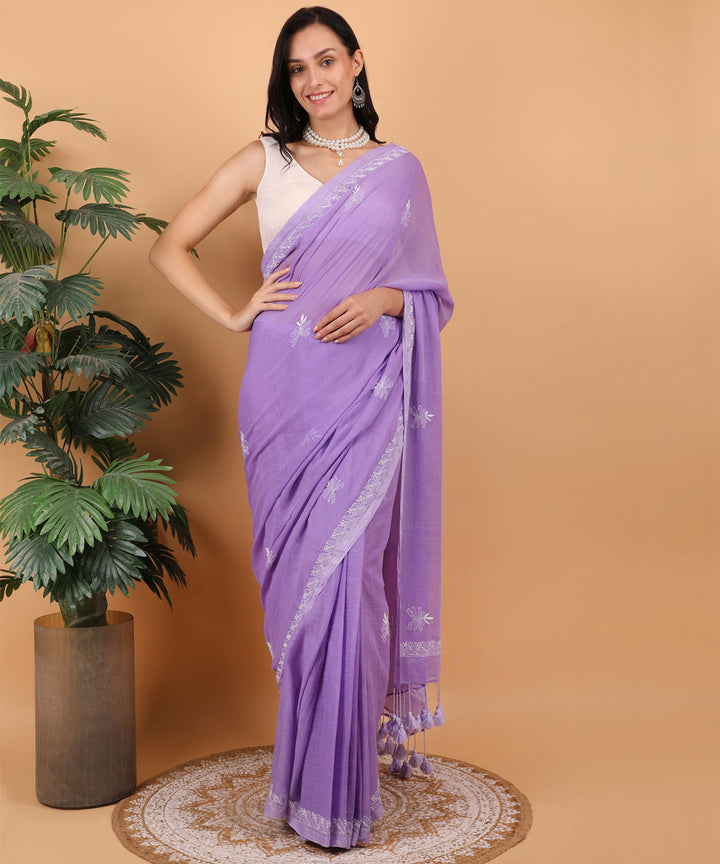 Purple white cotton hand embroidered chikankari saree