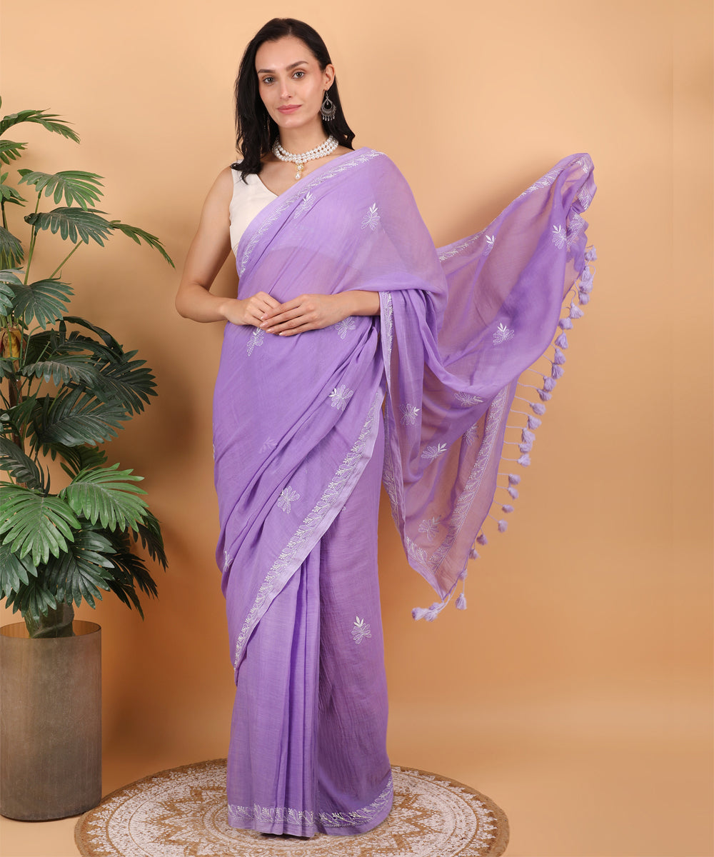 Purple white cotton hand embroidered chikankari saree