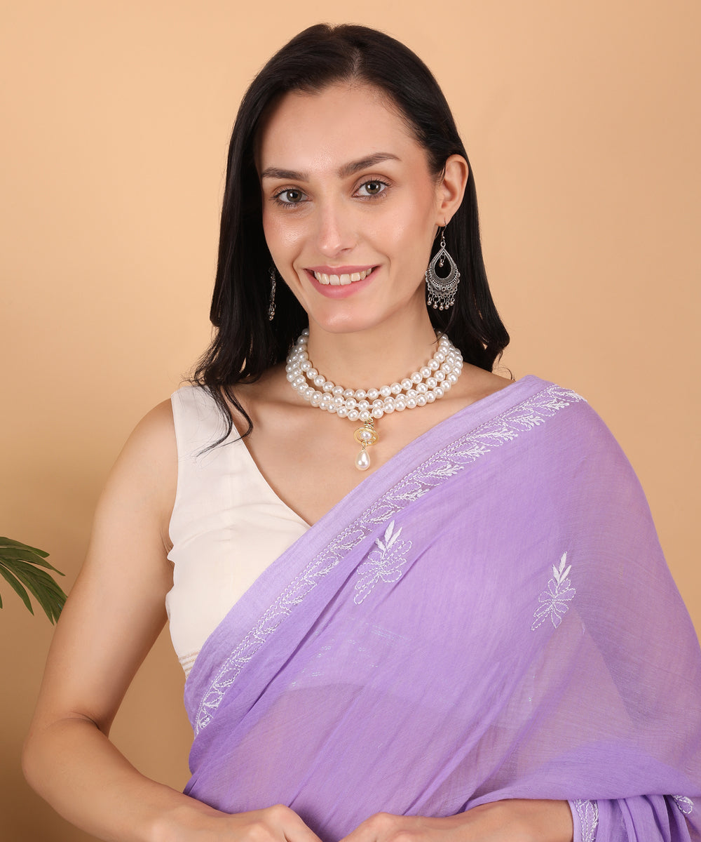 Purple white cotton hand embroidered chikankari saree