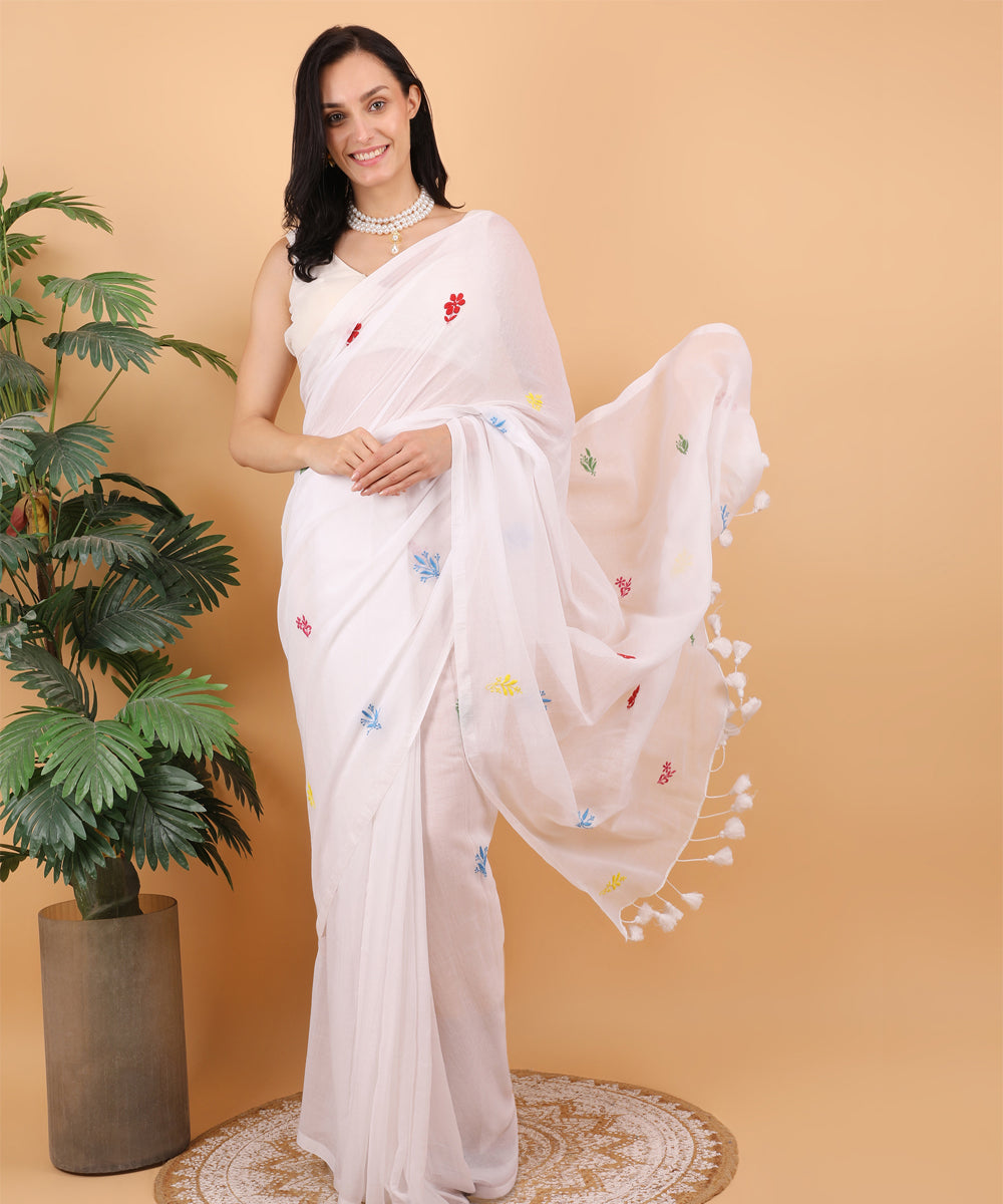 White blue pink cotton hand embroidered chikankari saree