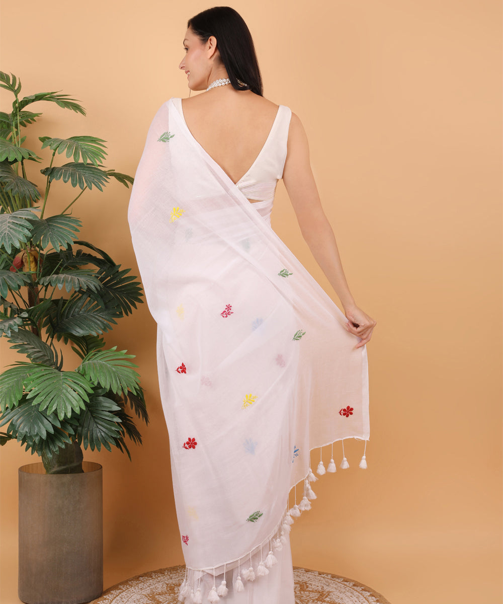 White blue pink cotton hand embroidered chikankari saree