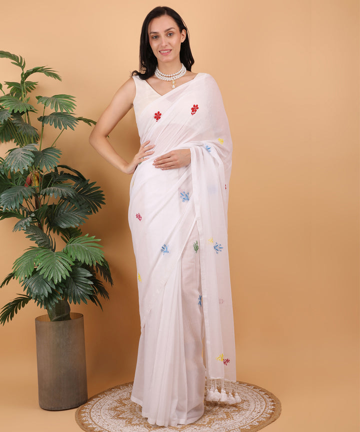 White blue pink cotton hand embroidered chikankari saree
